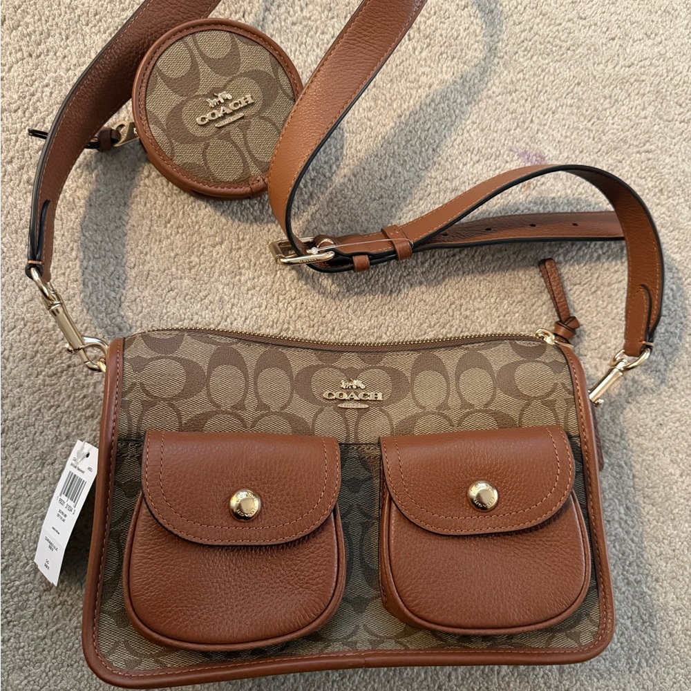 Coach Brown Signature print crossbody bag with coin pouch